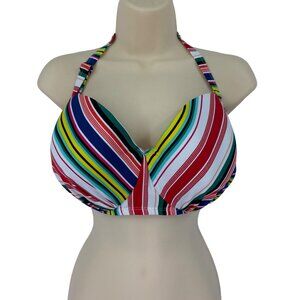 Cacique Swim One Piece Halter Bikini Top Striped Tie Back Size 46C